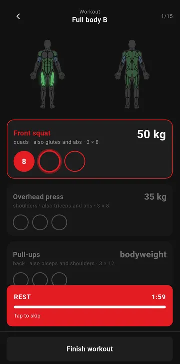 Workout screen: a set is logged and the rest timer runs at the bottom